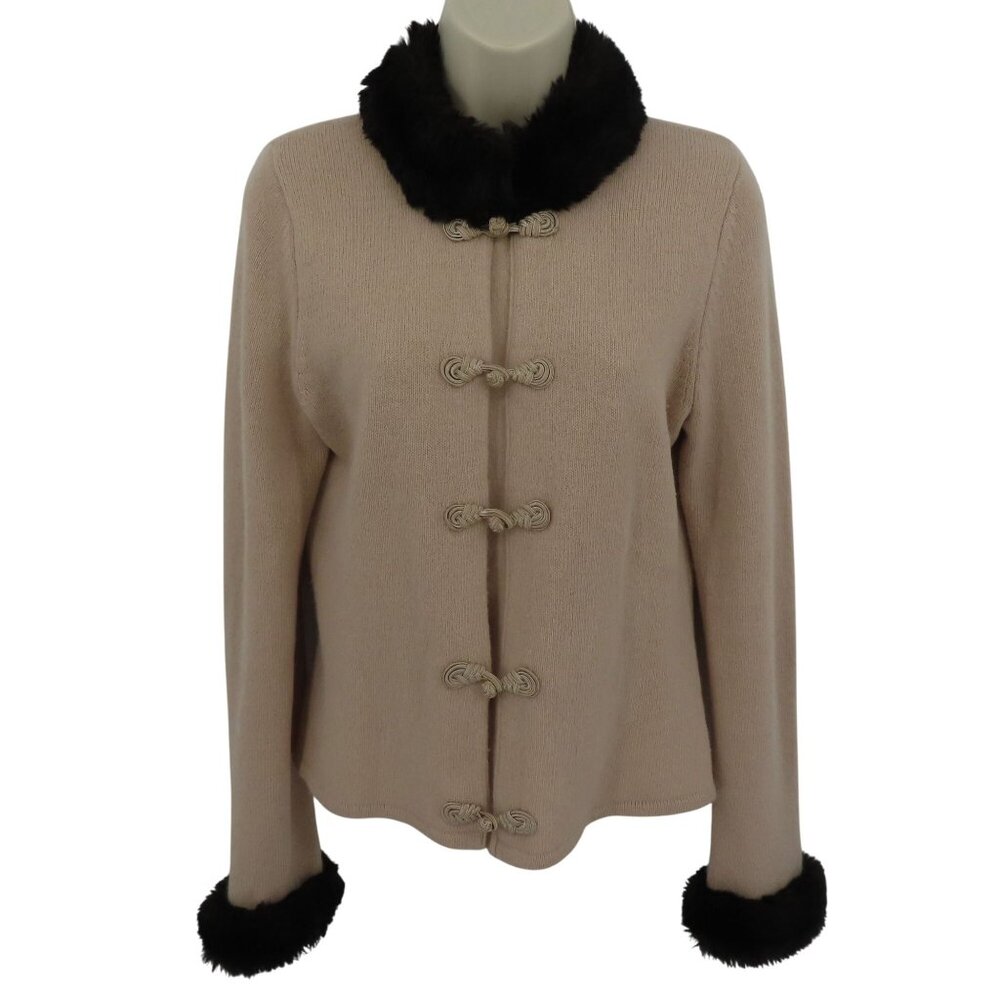 Sarah Spencer Women Medium Beige Wool Angora Cardigan Faux Fur Collar Cuffs Chic